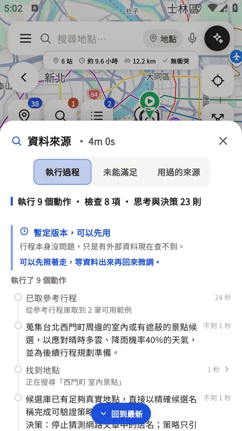 旅尋 NEXT 的真機畫面：資料來源浮層的執行過程分頁，標題寫著執行 9 個動作、檢查 8 項、思考與決策 23 則，底下逐條列出已取參考行程、蒐集西門町周邊室內景點候選以應對降雨機率、搜尋西門町室內景點等步驟。